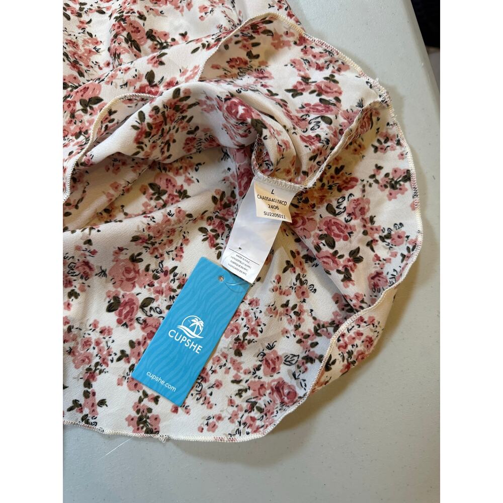 NWT Cupshe L White Pink Floral Mini Sundress Tie Straps Ruched Bust Summer Boho - Picture 4 of 6